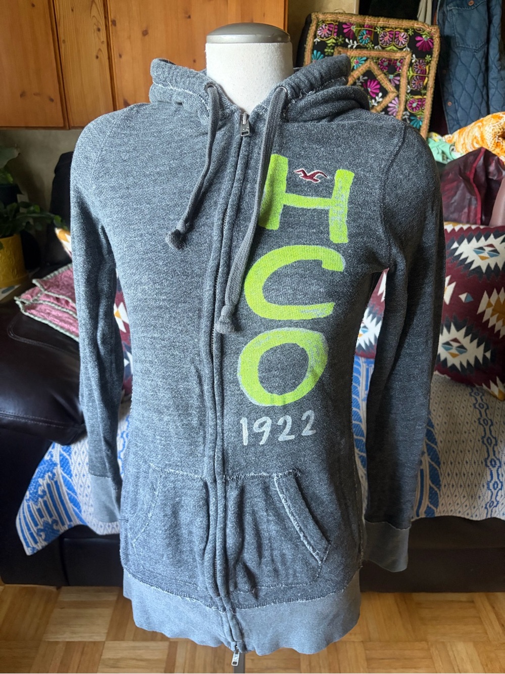 Vintage Hollister Gray Zip Hoodie with Lime HCO Graphic